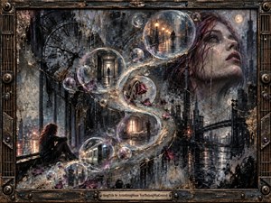 A solitary woman sits beside a rain-streaked window as luminous memory spheres spiral through a dark industrial city in a flowing S-curve. Silver, charcoal, violet, and amber tones create a melancholy dreamscape, illuminated by streetlamps and reflected water. Textured mixed-media surfaces, cracked clocks, bridges, flowers, and distant figures evoke longing, memory, and emotional isolation.