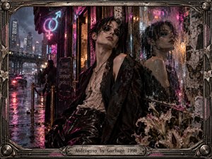 An androgynous figure leans against rain-streaked glass outside a neon-lit city club, their reflection doubling the mood of ambiguity and self-possession. Magenta, cyan, violet, and amber light shimmer across wet pavement, leather, lace, and chrome. Gritty mixed-media textures, torn posters, flowers, and an ornate industrial frame deepen the cinematic atmosphere.