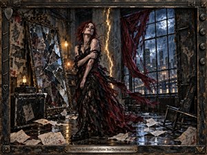 A defiant red-haired woman stands in a rain-soaked industrial loft beside a shattered mirror, surrounded by torn fabric, scattered papers, and storm-lit windows. Deep blacks, burgundy, steel blue, and amber light create a tense, brooding mood. The distressed mixed-media style, wet reflections, fractured imagery, and weathered metal frame emphasize inner conflict and resilience.