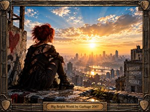 A red-haired woman in distressed black clothing sits on a weathered rooftop overlooking a vast city at sunrise. Golden light floods the skyline, bridges, river, and crumbling buildings, balancing grit with hope. Photorealistic detail, graffiti, small rooftop flowers, dramatic clouds, and an ornate industrial-metal frame create a cinematic, resilient atmosphere.