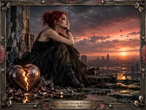 A solitary red-haired woman in torn black lace sits on a ruined rooftop beside a glowing, shattered heart, overlooking a distant city at sunset. Storm clouds, warm orange light, reflective puddles, and scattered debris create a mournful, cinematic atmosphere. A distressed industrial-metal frame and engraved title plate complete the gothic, photorealistic composition.