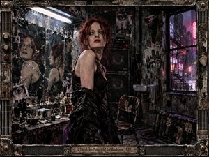 A wary red-haired woman stands in a decaying backstage room, surrounded by shattered mirrors, looming speakers, tangled cables, and rain-streaked neon windows. Cold fluorescent light clashes with magenta city glow, heightening the claustrophobic tension. Distressed mixed-media textures, surveillance details, fractured reflections, and a riveted metal frame create a gritty late-1990s industrial mood.
