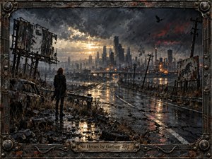 A lone figure stands beside a cracked, rain-slick road leading into a ruined industrial city beneath storm-heavy skies. Rusted billboards, leaning power lines, crows, and smoky towers deepen the desolate mood. Painted in gritty, cinematic mixed-media style, the image glows with cold grays, burnt copper, and a fading amber light.
