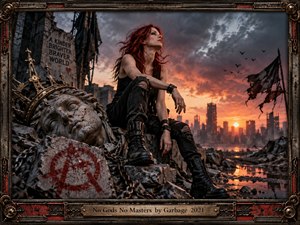 A defiant red-haired woman sits among shattered statues and rubble in a ruined city at sunset, framed by storm clouds, torn flags, chains, and glowing reflections. Warm orange light contrasts with charcoal grays and black clothing, creating a rebellious, dystopian mood. The cinematic realism and weathered metal frame reinforce themes of resistance and renewal.