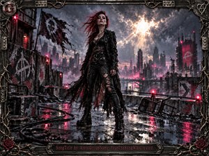A defiant red-haired woman stands on a rain-soaked industrial rooftop above a dystopian city, framed by storm clouds and a burst of white light. Crimson neon glows across wet concrete, steel, cables, and torn banners. The mixed-media style blends gritty realism, distressed paint, metallic textures, and gothic punk details within an ornate industrial frame.