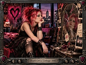 A defiant young woman with vivid red hair sits before a shattered vanity mirror in a gritty, neon-lit bedroom overlooking the city. Deep blacks, crimson, and hot pink create a tense, rebellious mood. Punk clothing, scattered photographs, cosmetics, wilted flowers, and industrial guitar-inspired framing reinforce the fractured, confrontational 1990s alternative-rock atmosphere.
