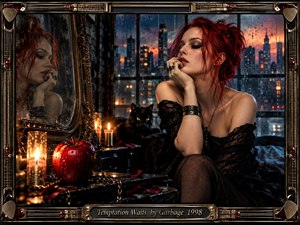 A red-haired woman sits beside a rain-streaked city window, reflected in an antique mirror amid candlelight, deep shadows, and glowing dusk. A glossy red apple, black cat, chains, and scattered petals heighten the seductive, uneasy mood. Rich blacks, crimson accents, warm gold, and cool blue create cinematic gothic-noir drama.