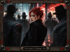 A red-haired woman in a dark coat looks back warily through a rain-soaked city street crowded with shadowy figures. Cold blue-gray tones clash with fiery red neon reflections, creating a tense, paranoid mood. Cinematic lighting, wet pavement, blurred silhouettes, and an industrial metal frame give the scene a gritty noir atmosphere.