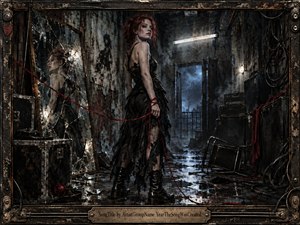 A defiant red-haired woman stands in a ruined industrial backstage space, surrounded by shattered mirrors, amplifiers, cables, and rain-slick debris. A crimson thread winds through the scene, intensifying the brooding tension. Cold blue storm light contrasts with rusty blacks and reds, while distressed textures and an aged metal frame create gritty, cinematic depth.