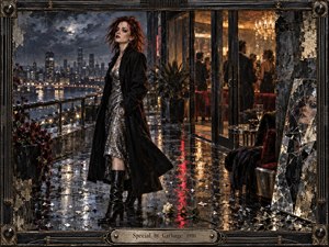 A solitary red-haired woman stands on a rain-slick rooftop terrace overlooking a glowing city, separated from a lively party behind glass. Silver fabric, black clothing, shattered mirrors, scattered glass, and a fallen white rose create a tense, melancholic mood. Warm interior light contrasts with cool stormy blues in a richly textured, cinematic painting.