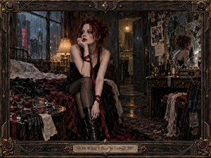 A solitary red-haired woman sits pensively in a rain-darkened hotel room, surrounded by wilted roses, spilled glassware, and a fractured mirror. Deep burgundy, black, teal, and tarnished gold create a wounded, intimate mood. Warm lamplight contrasts cool window glow, while richly textured gothic mixed-media details and an ornate frame intensify the melancholy.