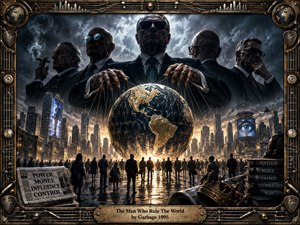 Shadowy suited power brokers loom above a glowing globe, manipulating delicate strings over a crowded dystopian city. Storm clouds, surveillance screens, newspapers, books, and a fallen crown deepen the ominous symbolism. Bronze and blue-gray tones, dramatic backlighting, wet reflections, and intricate steampunk metalwork create a richly detailed cinematic atmosphere.