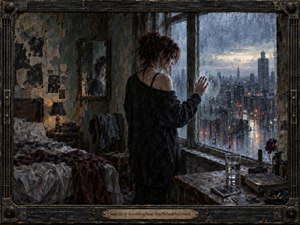 A solitary woman stands beside a rain-streaked window in a worn city bedroom, gazing across a cold, luminous skyline. Muted charcoal, blue, rust, and amber tones create a melancholy, introspective mood. Textured painterly surfaces, soft reflections, rumpled bedding, dim lamplight, and weathered details suggest exhaustion, resilience, and quiet emotional survival.
