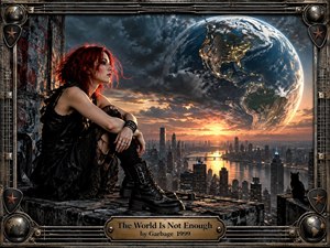 A red-haired woman in dark punk clothing sits on a weathered rooftop above a sprawling futuristic city, gazing toward an enormous glowing Earth suspended in stormy clouds. Warm sunset light contrasts with steel blues and black shadows, creating a tense, cinematic mood. An industrial metal frame and engraved title plate complete the handcrafted digital artwork.