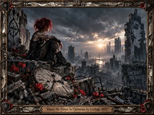 A red-haired woman sits among shattered concrete and vivid poppies, overlooking a ruined futuristic city beneath heavy storm clouds and a pale sunset. Dark steel, gray rubble, and glowing amber light create a tense, mournful mood. A broken clock, weathered murals, and industrial framing deepen the post-apocalyptic, cinematic atmosphere.