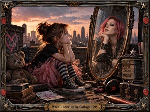 A young girl sits on a gritty rooftop at sunset, gazing toward a tall mirror reflecting her confident adult self with vivid pink hair. Warm orange light meets smoky urban shadows, while worn books, a teddy bear, cosmetics, and headphones add nostalgic detail. An ornate industrial frame completes the rebellious, dreamlike scene.