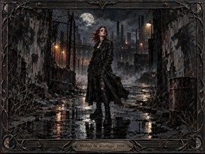 A solitary woman in black leather stands defiantly within a ruined industrial alley beneath a luminous full moon. Wet pavement reflects amber streetlights through smoky darkness, while rusted fences, crumbling walls, and distant smokestacks deepen the menace. Gothic realism, metallic textures, tangled framing, and cold charcoal tones create a tense, feral atmosphere.