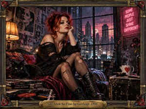 A red-haired woman sits pensively in a moody urban loft beside a black cat, framed by rain-streaked windows and a glowing city skyline. Warm lamplight contrasts with pink neon and deep burgundy shadows. Grunge textures, torn clothing, records, a guitar, flowers, and an ornate metallic frame create a romantic, restless, late-1990s atmosphere.