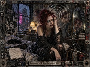 A weary red-haired woman sits hunched in a rain-darkened bedroom, surrounded by cracked walls, blurred reflections, headphones, notebooks, and vibrating circular patterns that suggest relentless mental noise. Cold blues, dirty blacks, rusty metal, and neon magenta contrast with warm lamplight. Distressed mixed-media textures and an industrial frame deepen the claustrophobic, sleepless mood.
