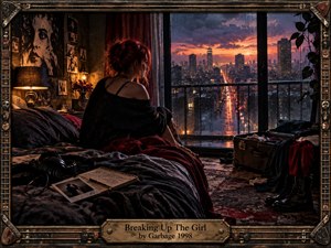 A solitary red-haired woman sits on a rumpled bed beside an open suitcase, gazing through rain-streaked windows at a glowing city dusk. Warm amber lamplight contrasts with cool stormy blues and crimson fabrics, creating a tense, reflective mood. Cinematic realism, scattered photographs, boots, and a weathered guitar-themed frame deepen the sense of departure.