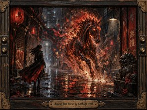 A blazing spectral horse erupts through a rain-soaked alley, its molten mane scattering embers across slick black pavement, while a lone dark-clad figure watches from the shadows. Crimson lanterns, smoky air, and fiery reflections create a tense, cinematic mood, rendered in richly textured painterly detail within an ornate, weathered frame.