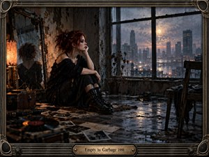 A red-haired woman sits alone in a decaying high-rise room, gazing toward a rain-soaked city skyline. Warm amber lamplight contrasts with cool blue-gray dusk, reflecting across cracked floors and scattered photographs. The cinematic digital painting uses distressed textures, deep shadows, and an ornate industrial frame to evoke loneliness, memory, and emotional emptiness.