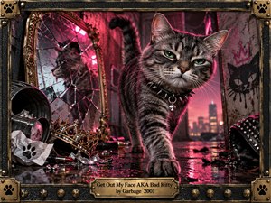 A defiant gray tabby cat strides through a gritty neon-lit alley, framed by shattered mirrors, scattered cosmetics, a fallen jeweled crown, and punk-inspired debris. Magenta and crimson light reflects across wet pavement, creating a rebellious, confrontational mood. The detailed photographic style is enclosed by a worn black-and-brass frame with paw-print accents.