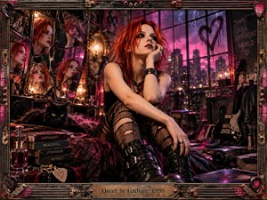 A red-haired woman sits pensively in a neon-lit grunge apartment, surrounded by shattered mirrors, a black cat, guitar, records, and symbolic books. Magenta, amber, and violet light reflect across rain-streaked windows and distressed metal textures, creating a moody, rebellious atmosphere framed by ornate industrial details and a vintage title plate.
