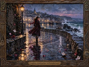 A solitary woman turns back along a rain-slick coastal promenade as stormy waves crash beside a glowing harbor town. Cool blue, violet, and sea-green tones contrast with warm lamplight and cranberry accents. Painterly oil textures, reflections, drifting leaves, distant boats, and an ornate Celtic-inspired frame create a wistful, windswept atmosphere.