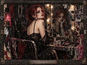 A red-haired woman sits at a battered backstage vanity, confronting her somber reflection in a scratched mirror. Warm bulbs glow against deep black, crimson, silver, and dusty pink tones. Roses, spilled glassware, makeup, photographs, and jewelry intensify the uneasy glamour, while distressed mixed-media textures and an industrial frame create a raw, emotionally charged rock aesthetic.