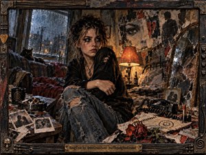 A brooding young woman sits curled in a cluttered, rain-soaked bedroom, framed by a gritty handcrafted border of tarnished metal and musical details. Warm lamplight and cold window glow shape a moody scene of torn posters, a cracked mirror, wilted roses, scattered photos, and punk-grunge textures rich with emotional tension.