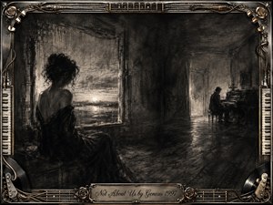 A solitary woman sits beside a rain-streaked window while a distant figure lingers at a piano across a shadowy room. Deep charcoal textures, smoky grays, and pale horizon light create a melancholic atmosphere of emotional separation. An ornate chrome-and-gold musical frame surrounds the scene, finished with an engraved title plate.