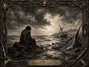 A solitary, exhausted figure sits on a wreck-strewn shoreline, facing a shattered ship beneath turbulent storm clouds. Deep charcoal textures, smoky grays, sepia undertones, and a pale break of light create mournful drama. An ornate weathered metal frame incorporates guitar strings, cables, records, picks, gold inlay, and an engraved title plate.