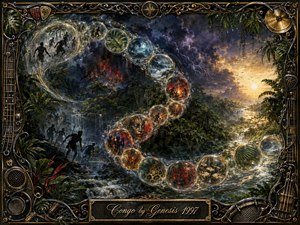 A dramatic tropical river winds through dense jungle beneath stormy violet skies, lightning, and a glowing golden horizon. Transparent bubbles sweep in an S-curve, revealing figures, masks, fire, leaves, drums, and symbolic patterns. Rich greens, blues, reds, and golds glow within an ornate music-themed metal frame and engraved title plate.