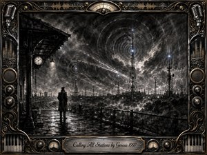 A solitary figure stands on a rain-slicked station platform beneath a turbulent charcoal sky, facing distant radio towers pulsing with luminous signal rings. Deep blacks, smoky grays, and faint blue highlights create a haunting, cinematic mood, while the ornate metallic frame blends microphones, gauges, piano keys, speakers, and gold filigree.