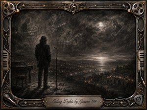 A solitary musician stands before a microphone and keyboard, overlooking a vast night landscape where distant lights dissolve into mist. Ghostly band figures emerge through smoky charcoal textures, evoking memory and farewell. Warm amber glimmers contrast with deep blacks and silvery gray, while an ornate chrome-and-gold musical frame completes the melancholic composition.