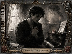 A solitary young man sits beside a piano, clutching his heart beneath soft window light as a ghostly woman lingers in the smoky background. Deep charcoal textures, muted grays, warm gold accents, roses, sheet music, and candlelight create a tender, melancholy atmosphere, enclosed by an ornate music-themed metallic frame.