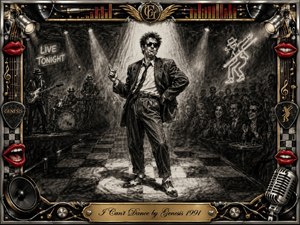 A swaggering, awkwardly posed man dominates a smoky nightclub dance floor beneath harsh theatrical spotlights, surrounded by amused spectators and a shadowy band. Deep feathered charcoal textures, silvery grays, black shadows, and bright red accents create sardonic energy. An ornate chrome-and-gold music-themed frame and engraved title plate complete the composition.