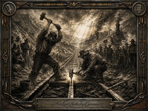 A dramatic charcoal-and-sepia railway scene shows rugged workers driving the final spike as tracks vanish through a smoky mountain valley. Harsh beams of light break through stormy clouds, creating a solemn, heroic mood. Rich feathered textures, deep shadows, scattered tools, a steam locomotive, and an ornate industrial musical frame intensify the historical atmosphere.