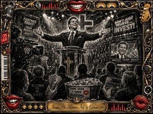 A charismatic televangelist commands a lavish television revival, arms outstretched above a money-filled crowd beneath blazing studio lights. Deep feathered charcoal creates smoky shadows and dramatic contrast, while vivid red lips and ornate gold-chrome details punctuate the monochrome scene. Cameras, screens, religious symbols, and extravagant musical framing sharpen its satirical, unsettling mood.