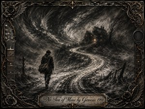 A solitary young man walks along a winding winter road toward a distant, dimly lit farmhouse beneath a turbulent charcoal sky. Deep blacks, smoky grays, and faint amber light create a somber mood of rejection and isolation. Ornate wrought-metal framing, roses, wings, guitar details, barbed wire, and an engraved title plate complete the dramatic composition.