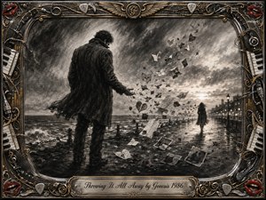 A solitary man stands on a stormy seaside promenade as letters, photographs, and rose petals scatter into the wind toward a distant departing figure. Deep charcoal textures, silvery grays, wet reflections, and fading horizon light create a mournful atmosphere, framed by ornate chrome, gold musical details, red lips, and engraved lettering.