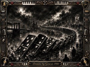 A dramatic charcoal cityscape shows enormous dominoes collapsing in a sweeping chain beneath storm-dark skies, while shadowy figures watch from wet streets and distant bridges. Deep blacks, smoky grays, and sharp highlights create an ominous, cinematic mood. An ornate chrome-and-gold musical frame surrounds the scene, accented with piano keys, microphones, records, red lips, and an engraved title plate.