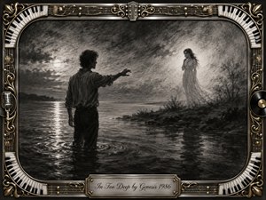 A solitary man stands knee-deep in moonlit water, reaching toward a distant woman glowing softly on the misty shore. Deep feathered charcoal textures, smoky clouds, silvery reflections, and dramatic shadows create a tender, melancholic mood. An ornate chrome-and-gold musical frame with piano keys, strings, microphone, vinyl, and engraved title plate surrounds the scene.