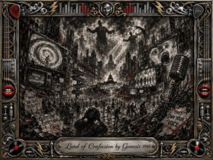 A chaotic charcoal cityscape unfolds beneath looming puppet-like figures, crowded streets, fractured architecture, glowing screens, tangled cables, and a commanding vintage microphone. Deep blacks, smoky grays, metallic silver, and sharp red accents create an anxious, dystopian mood. An ornate chrome-and-gold musical frame surrounds the richly textured, dramatic composition.
