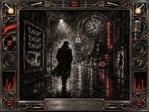 A solitary figure walks through a rain-slicked city at night, surrounded by smoky charcoal shadows, towering buildings, glowing red neon, and a ghostly clock overhead. Wet pavement mirrors scattered lights, creating a restless, haunted mood. Ornate chrome-and-gold musical framing, speakers, cables, records, microphones, and red lips complete the dramatic composition.