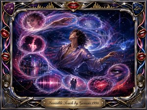 A dreamlike figure drifts through a neon nightscape, surrounded by feathered bubbles of memories, romance, sound waves, and city lights. Deep blues, violets, magentas, and crimson glow beneath dramatic rim lighting. An ornate chrome-and-gold musical frame, red lips, cables, speakers, and an engraved title plate complete the polished 1980s-inspired artwork.