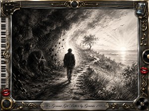 A solitary figure walks from a dense charcoal world of chains, shadows, and storm toward a radiant coastal horizon. Feathered black textures dissolve into soft gray light, a rising sun, birds, and a lone tree. An ornate chrome-and-gold musical frame, red lips, piano keys, records, and engraved title plate complete the hopeful composition.