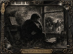 A solitary man sits beside a rain-streaked window in a dim room, surrounded by a piano, guitar, sheet music, and scattered memories. Deep charcoal blacks and smoky grays create a brooding, reflective mood, while distant city lights shimmer softly outside. An ornate gold-and-black musical frame adds elegant, intricate contrast.