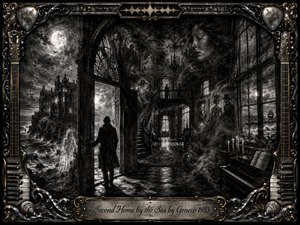 A solitary figure enters a haunted seaside mansion where ghostly faces and Victorian figures drift through shadowed halls. Moonlight glows across stormy waves, checkerboard floors, and a grand staircase. Deep charcoal textures, smoky grays, and sharp highlights create a brooding gothic mood, framed by ornate metallic musical details and an engraved title plate.